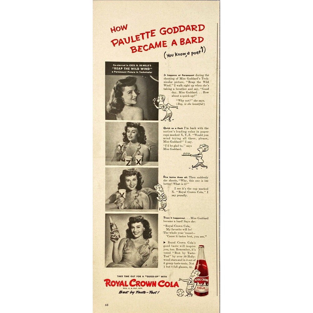 Royal Crown Cola "Paulette Goddard  Became a RCC Poet" Vintage Print Ad 1942